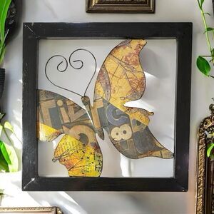 Framed Butterfly Black Metal Art Wall Sign Decor w/Metal Decal Indoor Outdoor